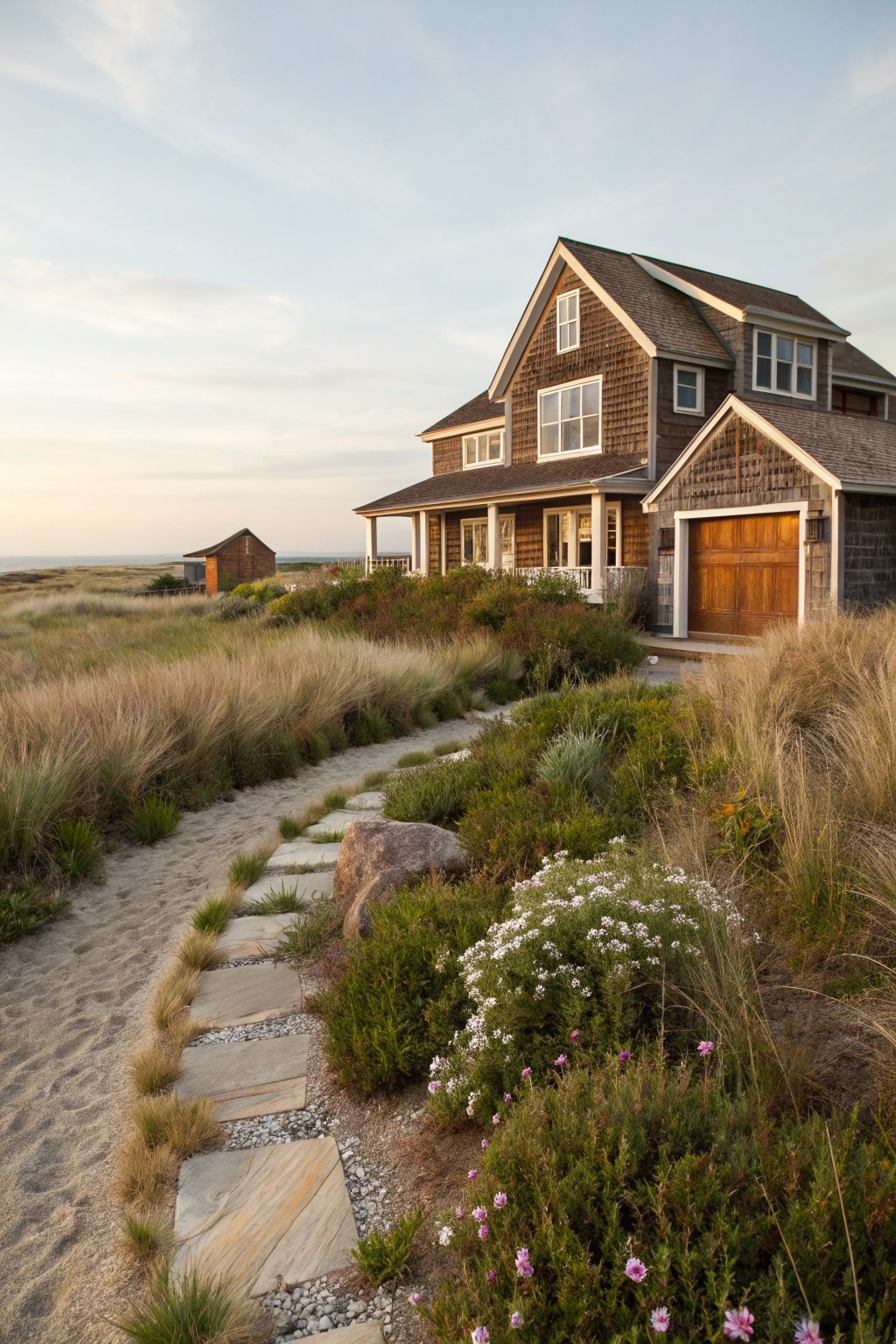 Brown shingle-style house on a beach dune with a winding path of large flat stones through tall grasses and low native plants leading to the front porch and garage.