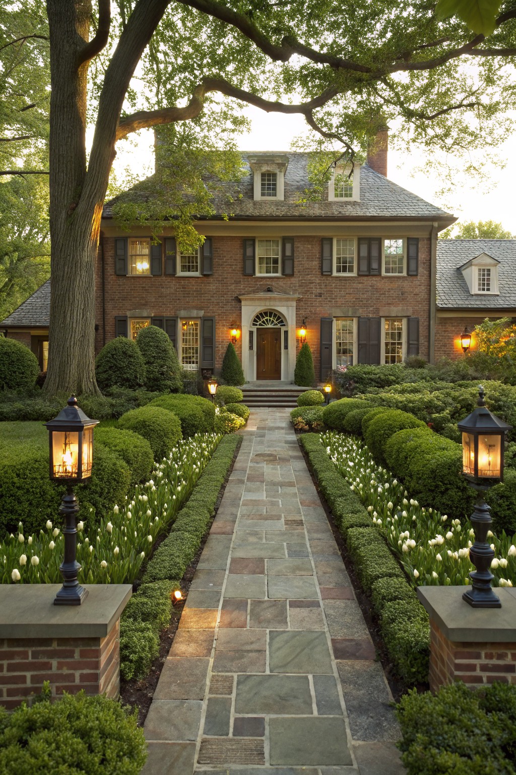 Red brick colonial-style house with gabled roof and black shutters, fronted by a straight stone pathway lined with boxwood hedges and white tulip flower beds, flanked by black metal lanterns on brick pedestals, large tree on left, evening light.