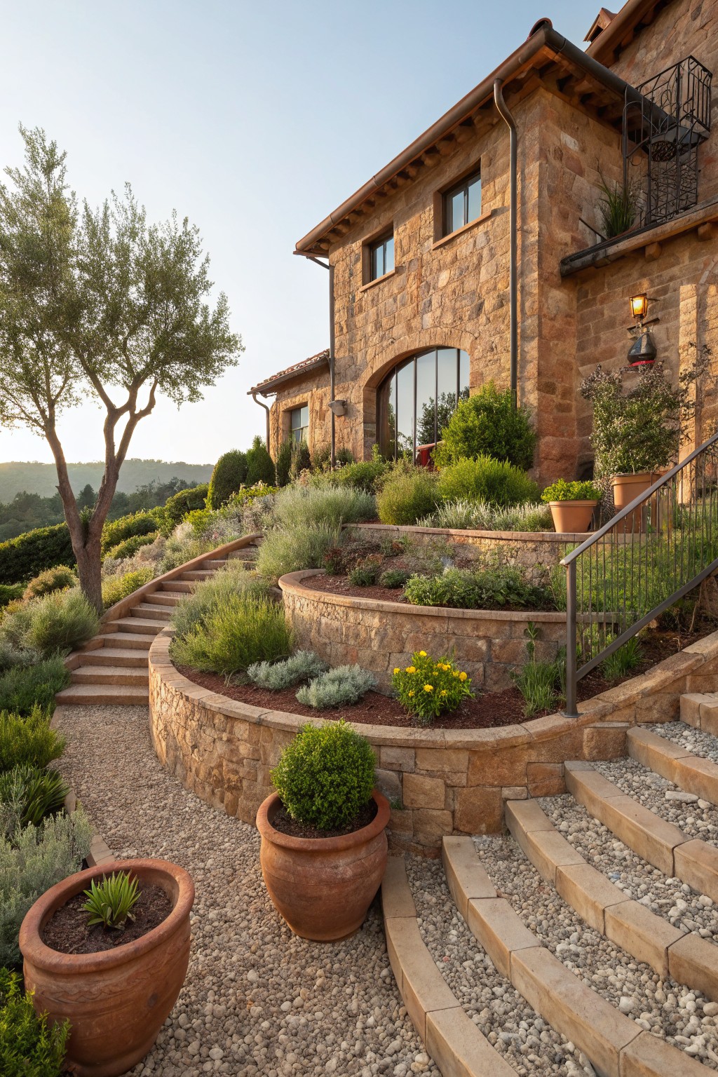 Stone house with terraced landscaping on a slope, featuring curved stone stairs, gravel paths, retaining walls, shrubs, olive trees, and terracotta pots.