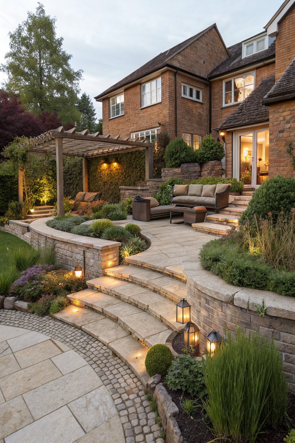 Curved stone steps with retaining walls terrace a backyard garden, featuring plants, lanterns, and a seating area under a pergola next to a brown brick house at dusk.