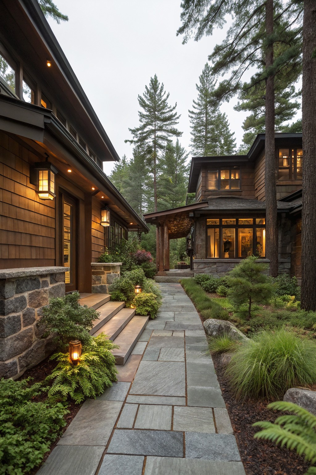 Bluestone pathway winding through landscaped beds with ferns, grasses, lanterns, and boulders leading to the entrance of brown shingled houses amid tall pine trees.