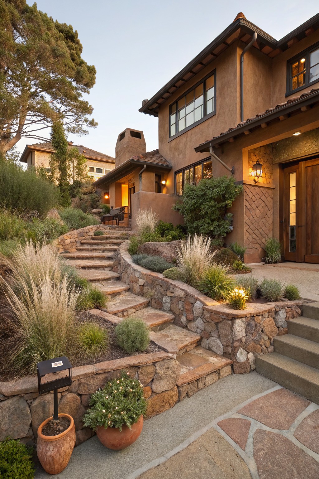 Brown stucco house on a hillside with curving stone steps flanked by retaining walls, ornamental grasses, shrubs, and potted plants leading to a wooden front door.