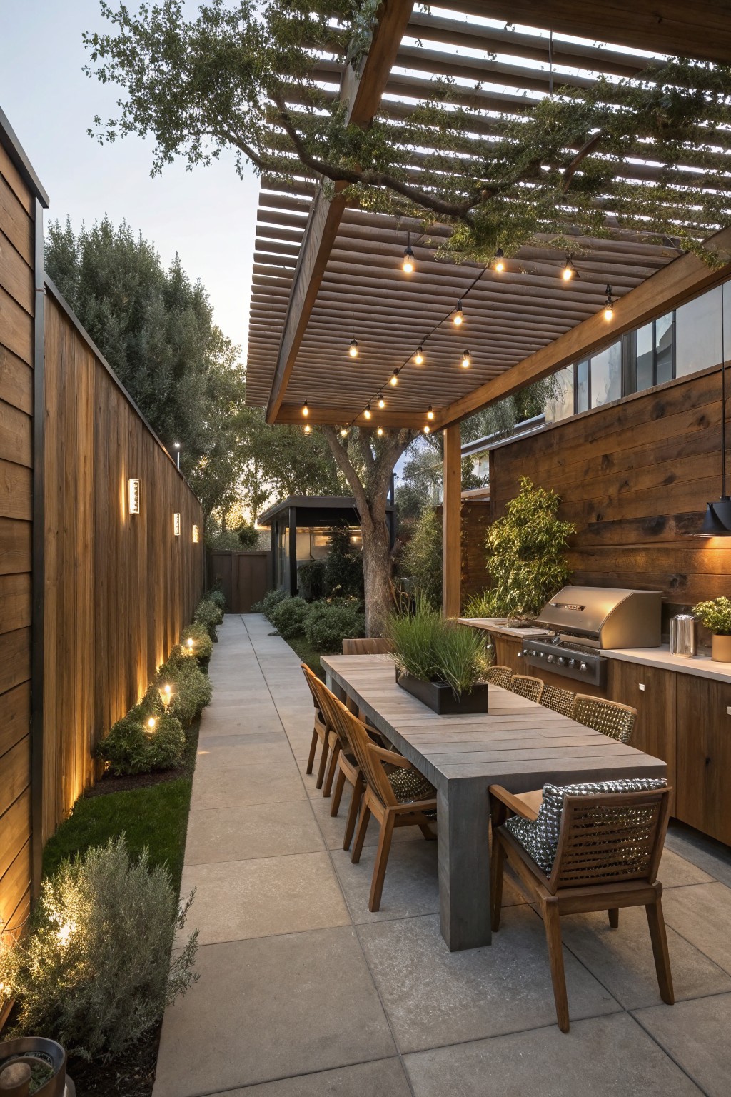 Backyard patio under wooden pergola with vine coverage and string lights, long wooden dining table with chairs, built-in grill and countertop along wood-clad wall, concrete pathway lined with low plants and uplights beside wooden fence.