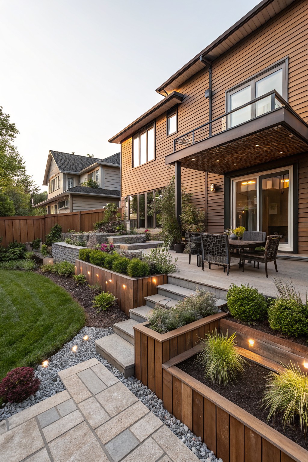 Side and rear view of a two-story brown wood-clad house with a covered deck, outdoor dining table and chairs, concrete steps descending to a terraced yard featuring wooden raised planters with ornamental grasses and shrubs, gravel paths, landscape lighting, and adjacent green lawn.