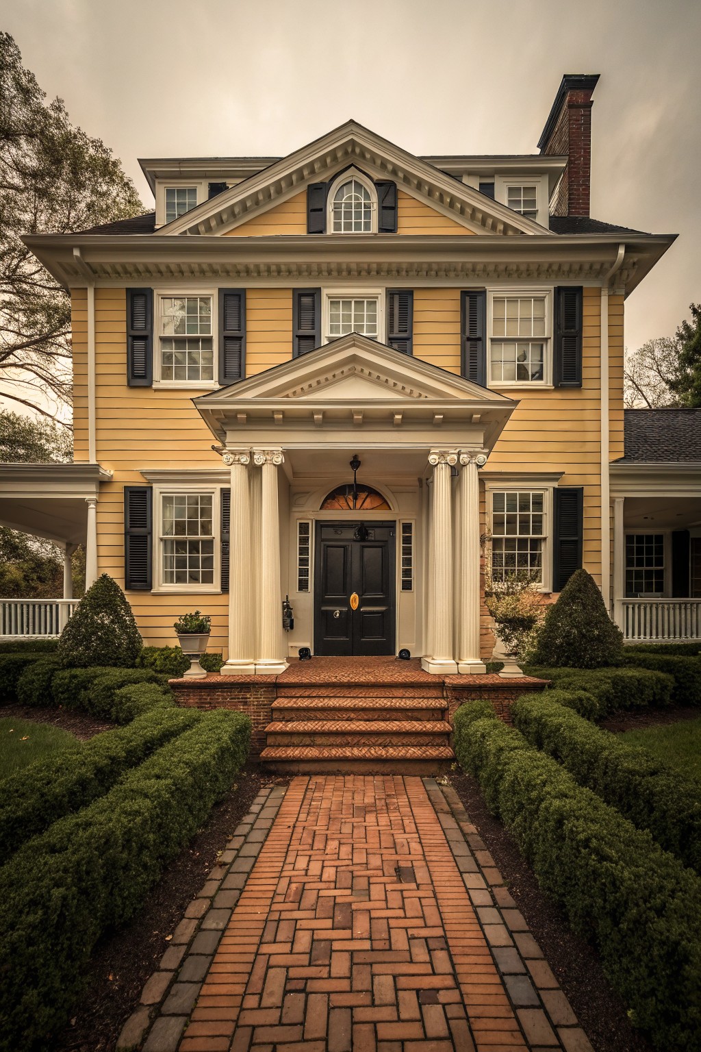 A two-story yellow ochre house with white columned front porch, black shutters and door, brick pathway, and boxwood hedges.