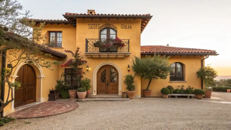 Yellow ochre stucco house exterior with terracotta tile roof, large arched wooden front door with metalwork, second-story balcony with wrought-iron railing, potted olive trees, lanterns, and stone pathway leading to entry.