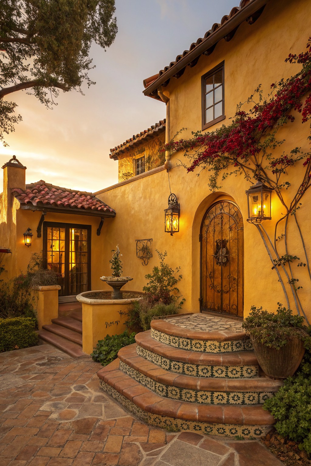 Yellow ochre stucco house exterior with arched wooden door featuring wrought iron gate, flanked by hanging lanterns, tiled steps leading up from stone pavers, climbing bougainvillea vines, potted plants, fountain, and trees at sunset.