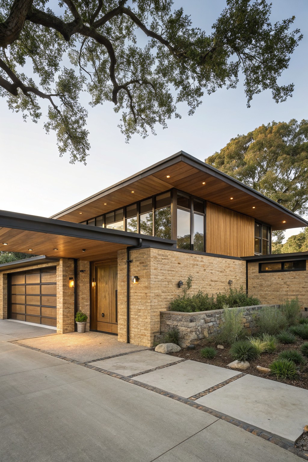 Modern two-story house exterior with yellow ochre brick base on garage and entry, wood cladding and vertical slats on upper level, black metal roof edges, wood entry door, potted plant nearby, stone retaining wall with plants, concrete driveway, and large oak trees overhead.