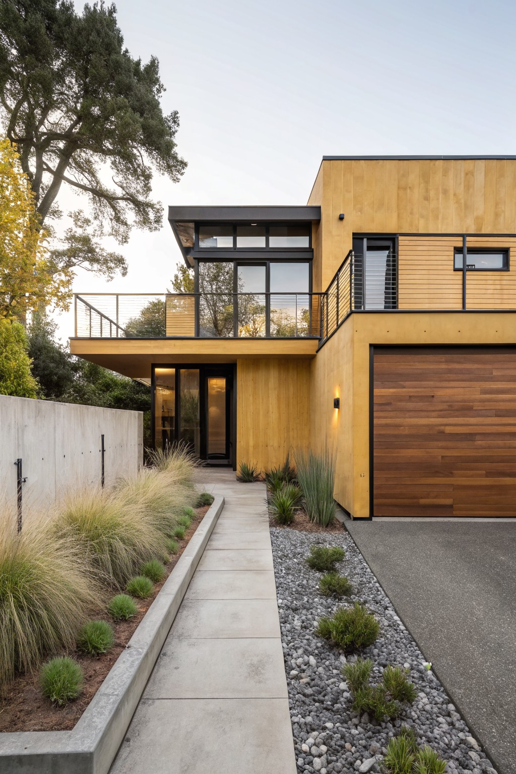 A modern two-story house exterior with yellow ochre vertical cedar cladding on the main facade, a wooden garage door, glass-enclosed balcony with cable railing, concrete retaining wall, and pathway edged with grasses and pebbles.