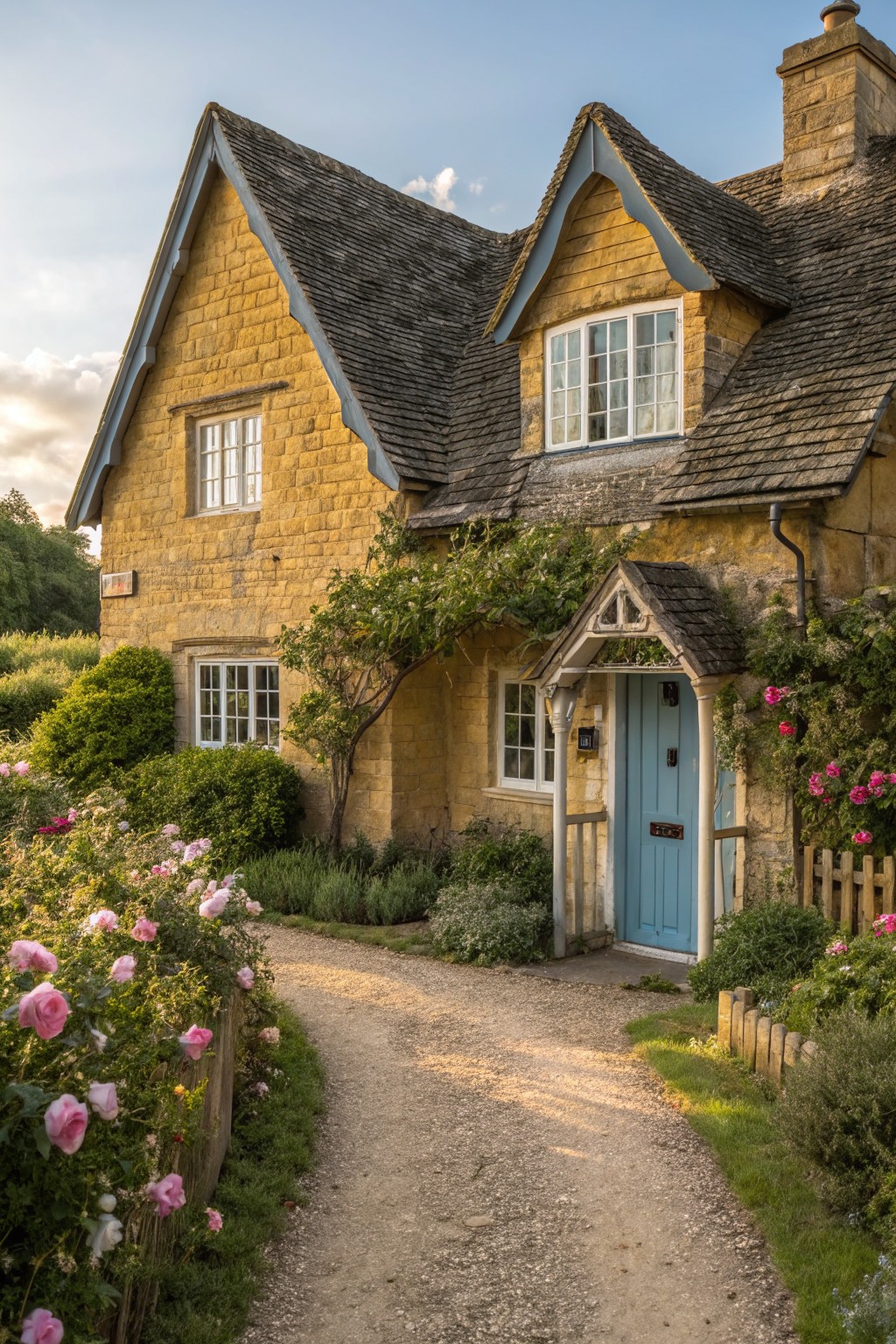 Yellow ochre stone cottage with gabled roofs, white-framed windows, blue front door, climbing plants, pink roses, shrubs, and gravel path.