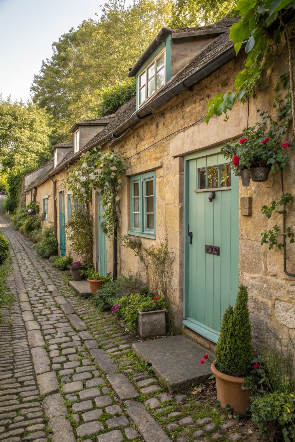 Row of attached yellow ochre stone cottages along a cobblestone path, with teal painted doors and windows, climbing vines, potted flowers, and greenery.