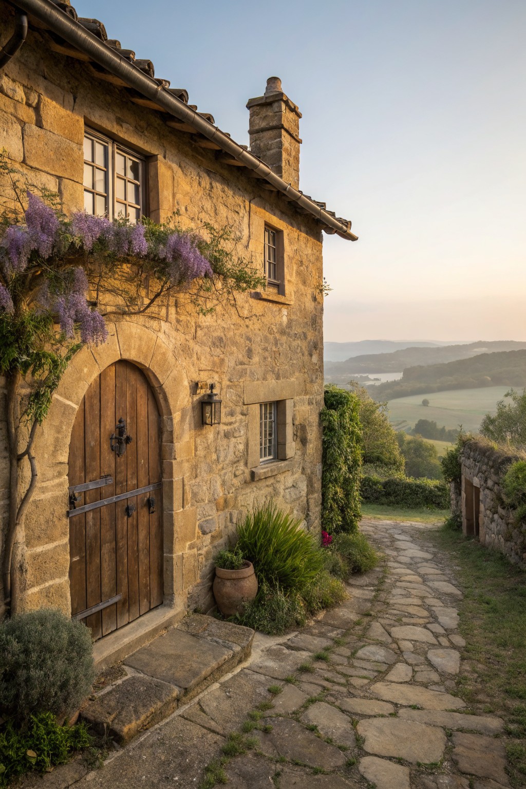 Ochre stone house exterior with terracotta roof, arched wooden door, climbing purple wisteria, lantern light, potted plants, stone pathway, greenery, and distant valley landscape at dusk.