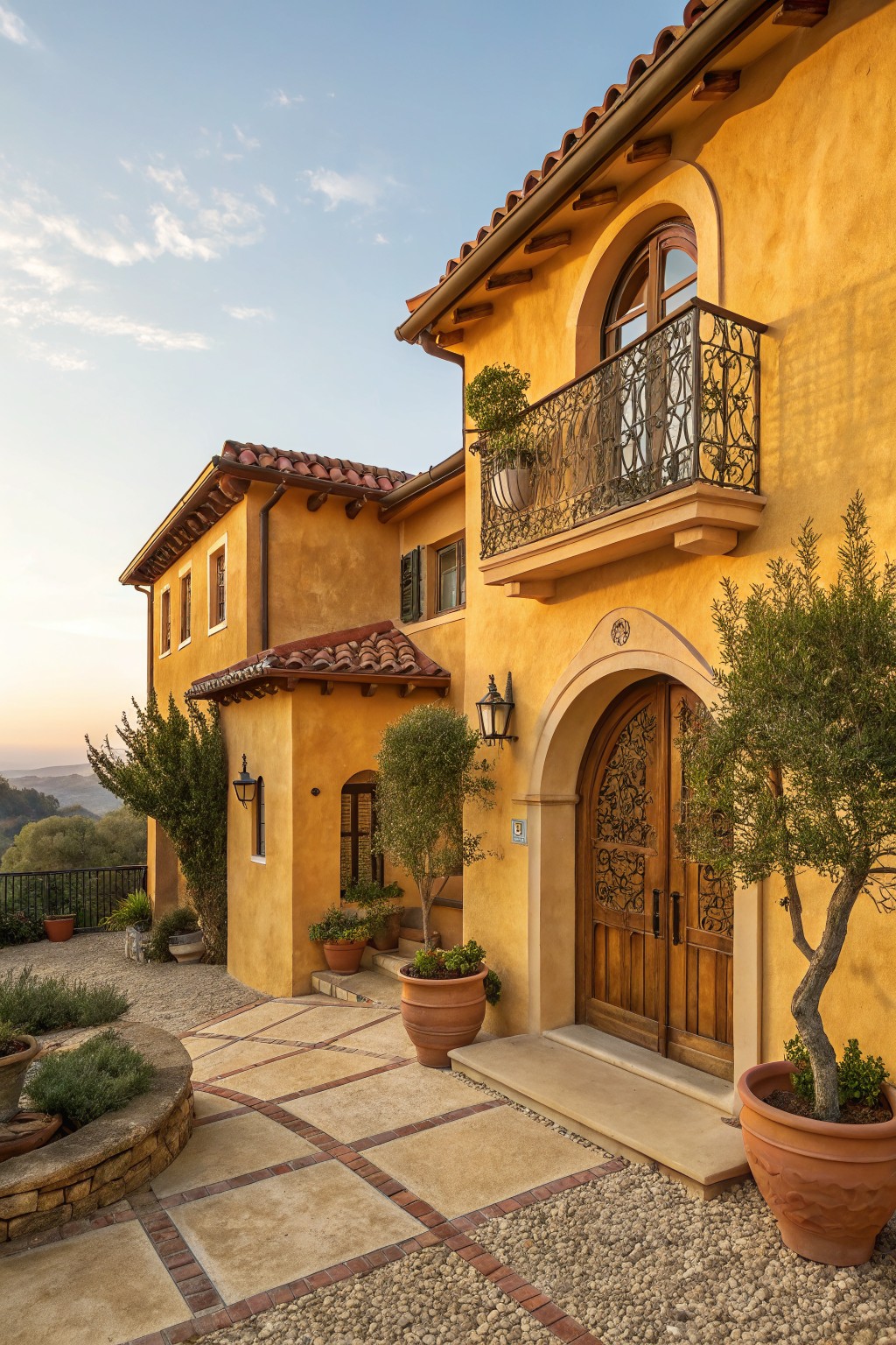 Yellow ochre stucco house exterior with terracotta tile roof, large arched wooden front door with metalwork, second-story balcony with wrought-iron railing, potted olive trees, lanterns, and stone pathway leading to entry.
