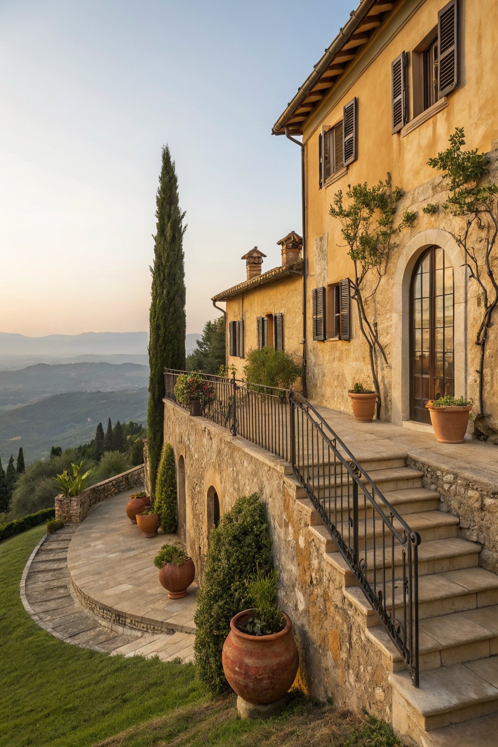Yellow ochre stucco house exterior on stone terraces with arched wooden door, dark shutters, terracotta plant pots, cypress trees, climbing vines, and hillside views at dusk.