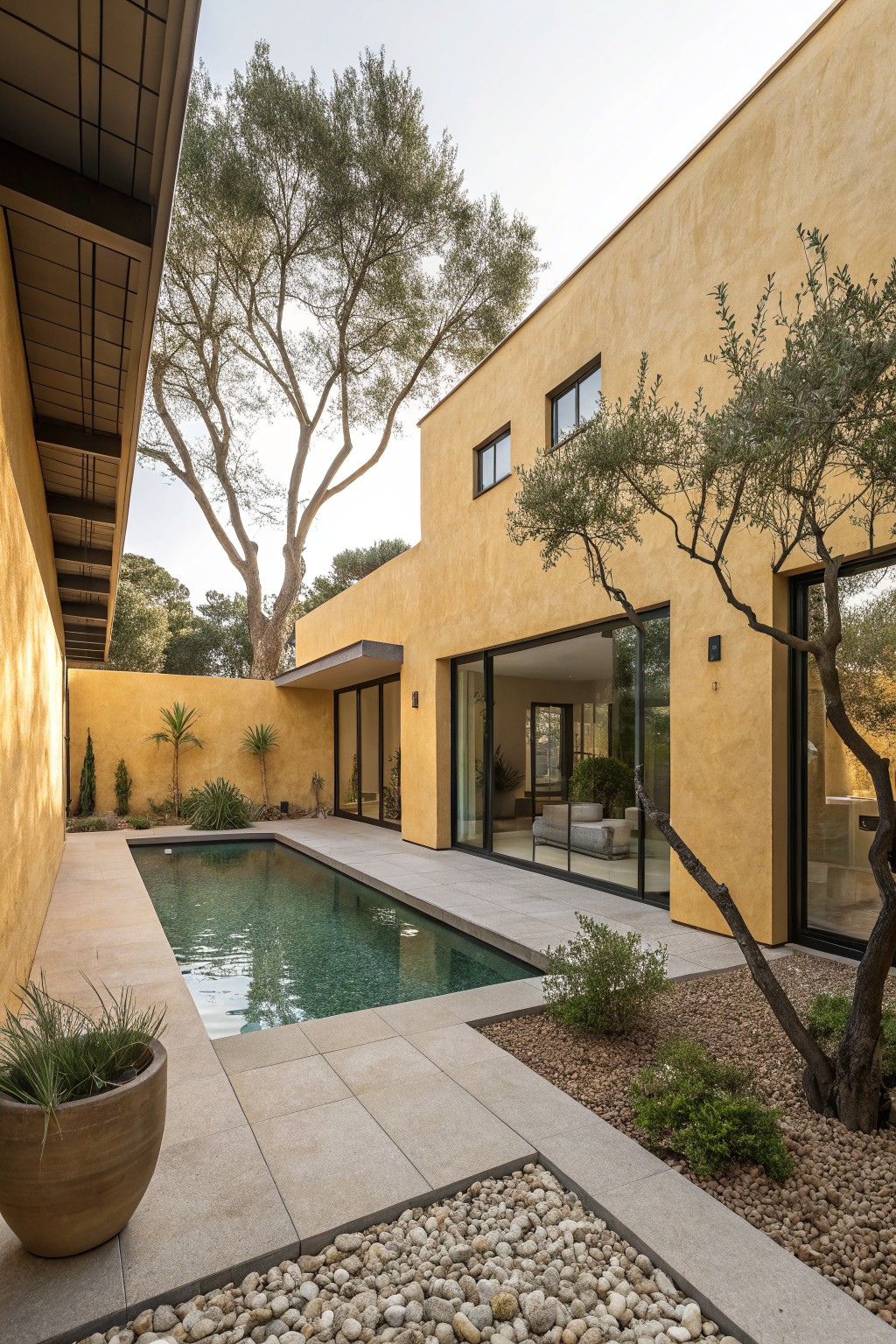 Yellow ochre stucco walls enclose a narrow rectangular lap pool with green water in a courtyard, featuring large sliding glass doors from the house, olive trees, potted grasses, gravel beds, and light stone paving.