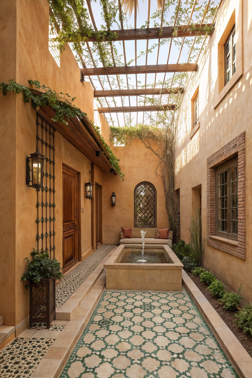 Ochre stucco walls enclose a sunny courtyard featuring a vine-covered wooden pergola, central rectangular stone fountain with water jet, built-in cushioned bench seating, potted plants, and green-and-white patterned tile pathway.