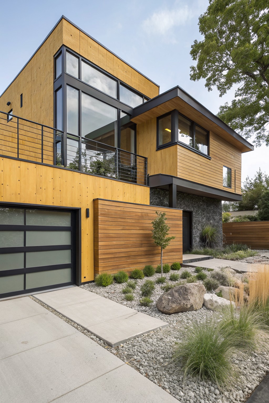 Modern boxy two-story house exterior featuring vertical yellow ochre wood siding, black metal window frames, large glass garage door, stone base, and minimalist gravel landscaping with rocks and grasses.