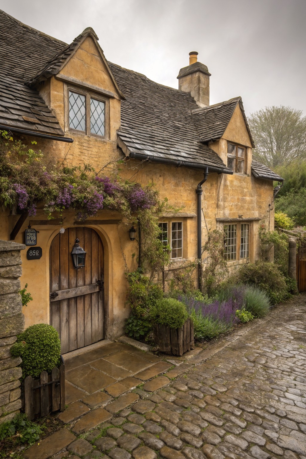 Yellow ochre stone cottage exterior featuring an arched wooden door with hanging lantern, climbing purple flowers on the walls, potted boxwood shrubs, lavender plants, and a wet cobblestone path under cloudy skies.