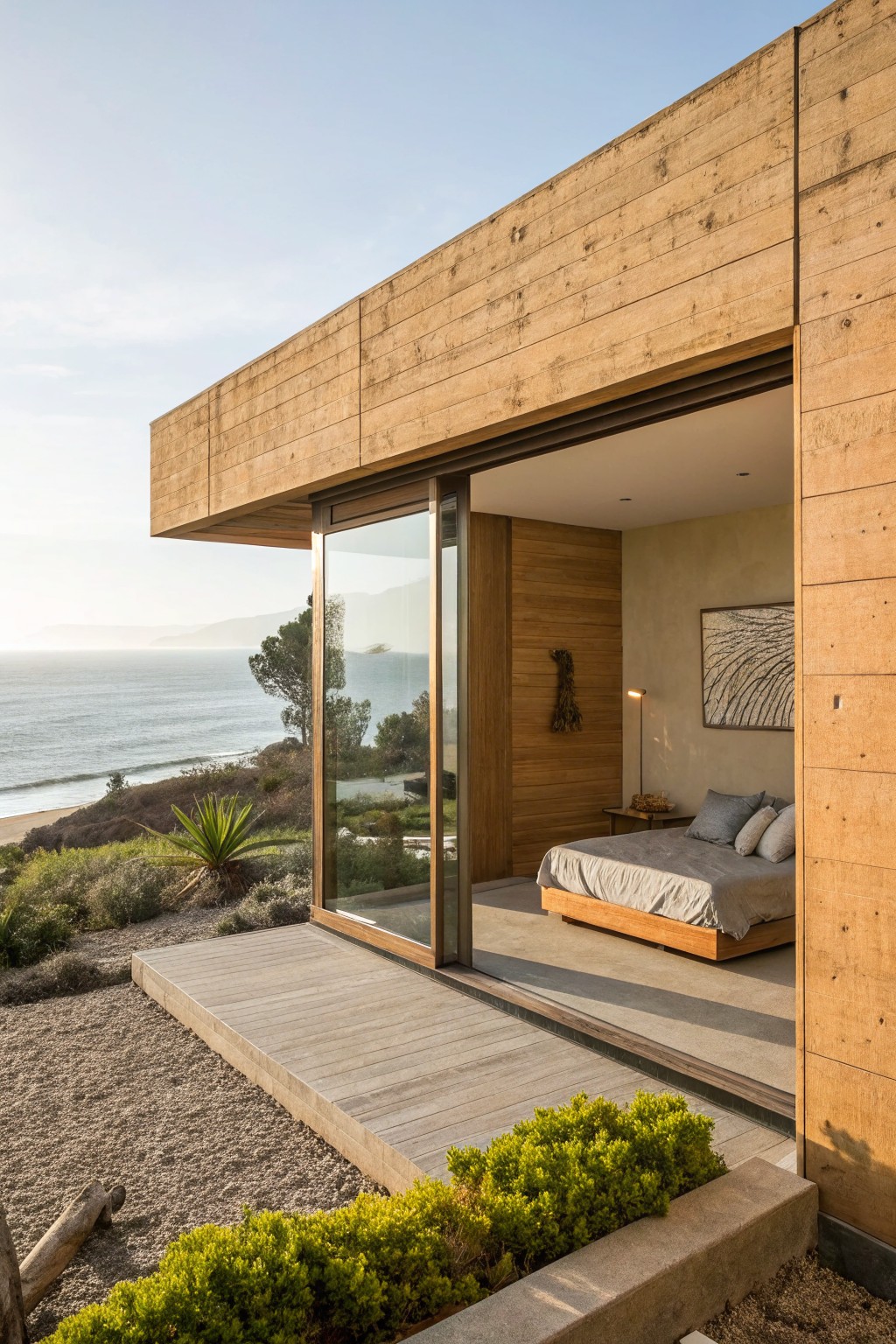 Modern house corner with horizontal rough wooden cladding, open sliding glass doors to a bedroom with bed and artwork, wooden deck extending to ocean view, coastal plants and gravel nearby.