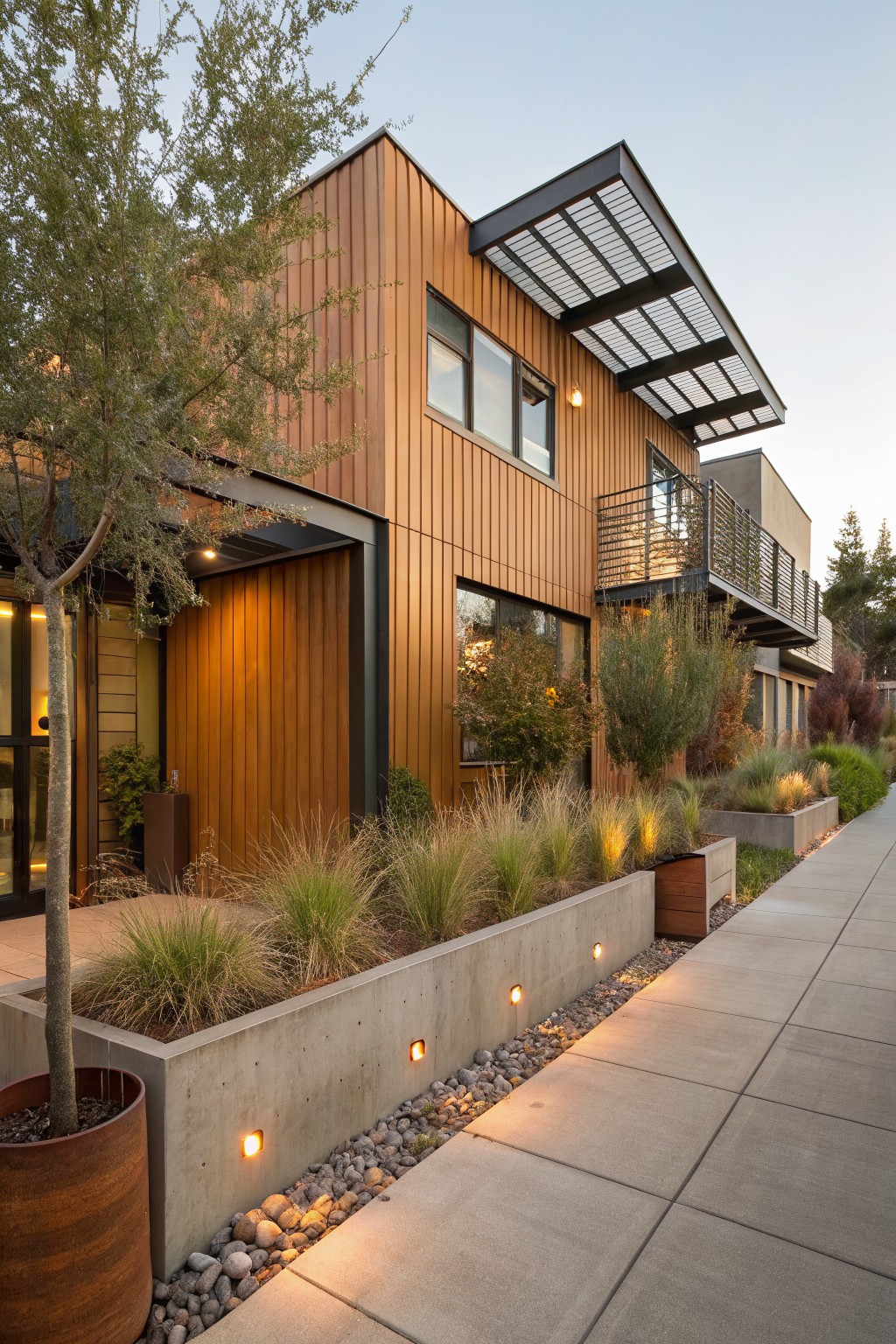 Side view of a contemporary two-story house with vertical warm-toned wood cladding, black metal balcony and canopy, concrete planters filled with ornamental grasses, pebble ground cover, and low pathway lights along a sidewalk at dusk.
