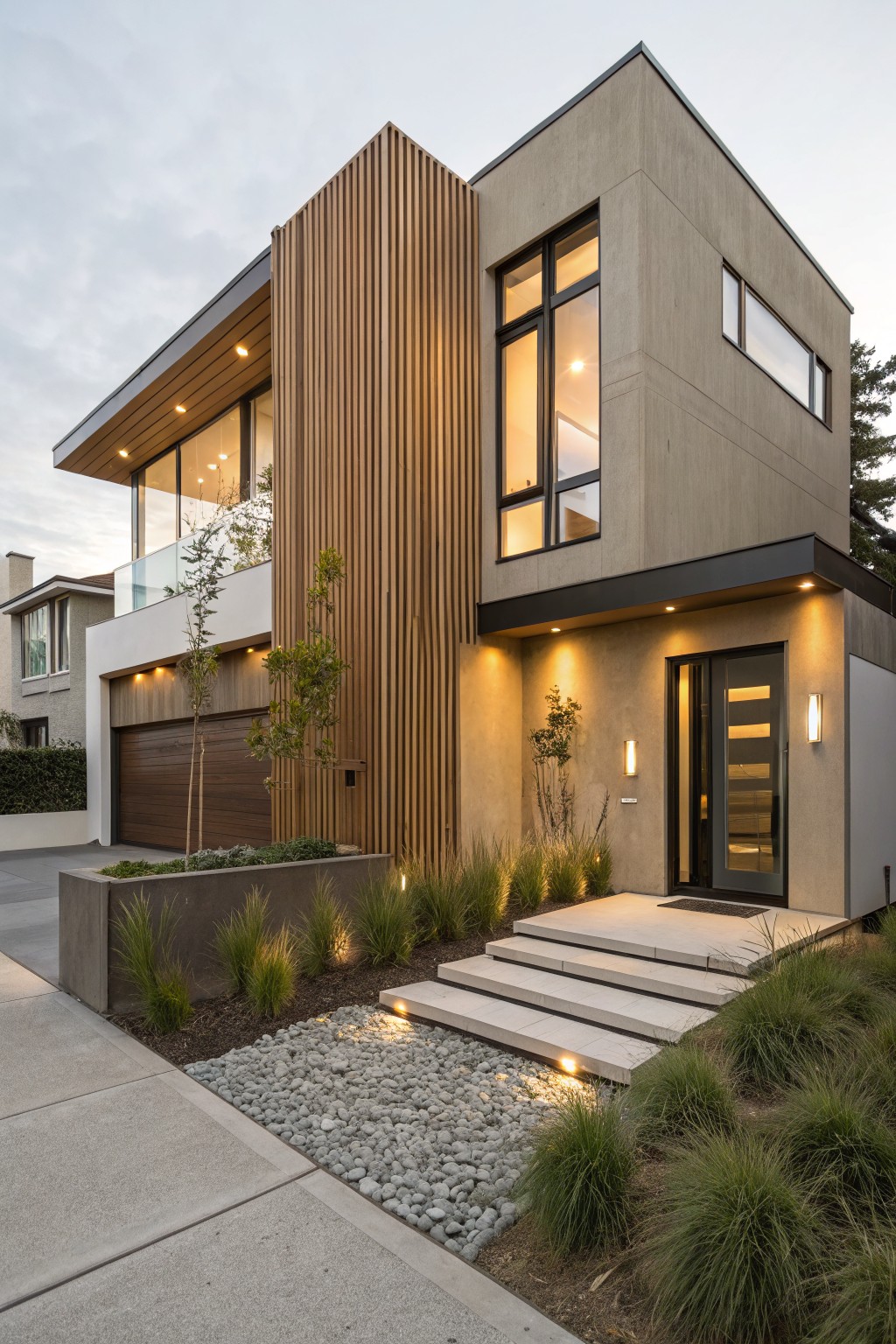 Modern two-story house exterior with light ochre stucco walls, vertical wooden slats on the front corner, large glass windows and doors, wooden garage door, concrete steps leading to a glass entry door, low grasses and gravel landscaping along the front at dusk.