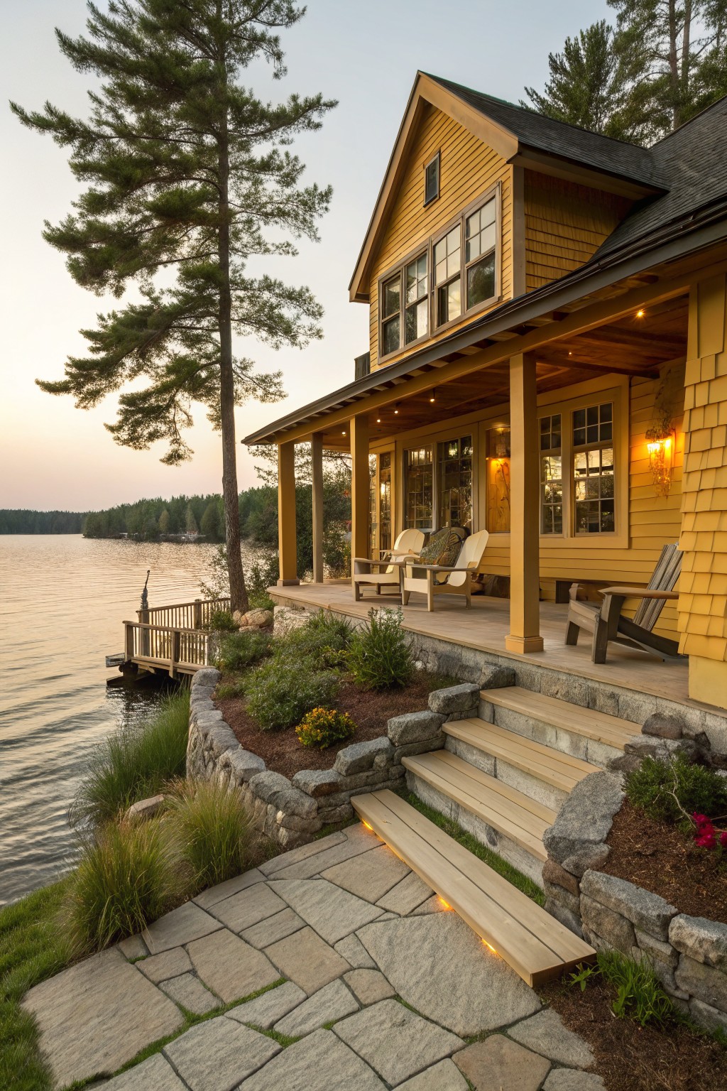 Yellow ochre shingled house with wooden porch, Adirondack chairs, stone retaining wall, steps, and dock overlooking a lake surrounded by pine trees at dusk.