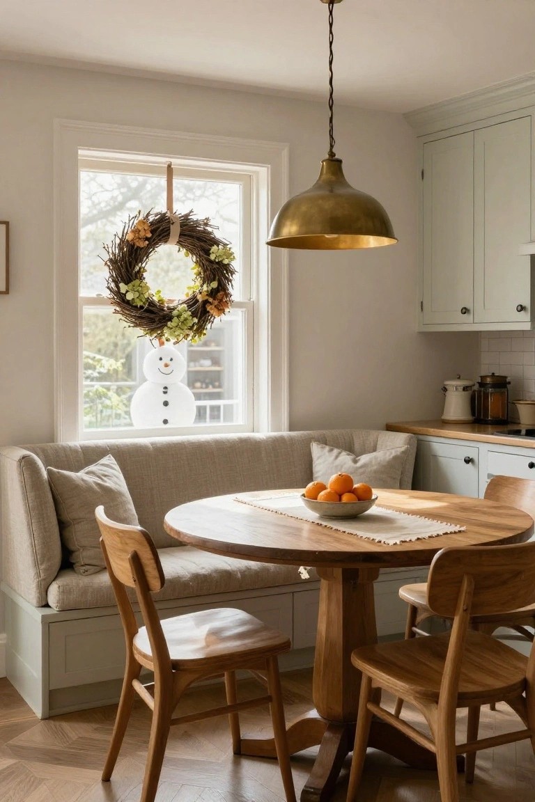 Kitchen banquette seating with beige cushions and round wooden table holding a bowl of oranges, wooden chairs, snowman figure outside the window with a hanging wreath of twigs and fall elements, pale green cabinets and brass pendant light.
