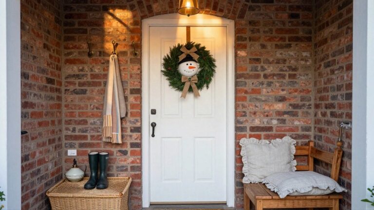White front door on brick porch with large fabric snowman wreath, wooden bench with beige pillows, hanging scarf, rubber boots in basket, and brass light fixture.