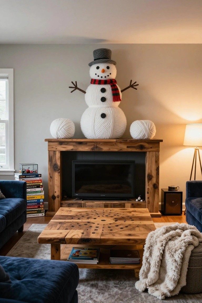 Large white knitted snowman with black eyes, carrot nose, red plaid scarf, gray hat, and stick arms positioned above a wooden fireplace mantel flanked by two white yarn balls, in a living room with blue velvet sofas, wooden coffee table, and bookshelves.
