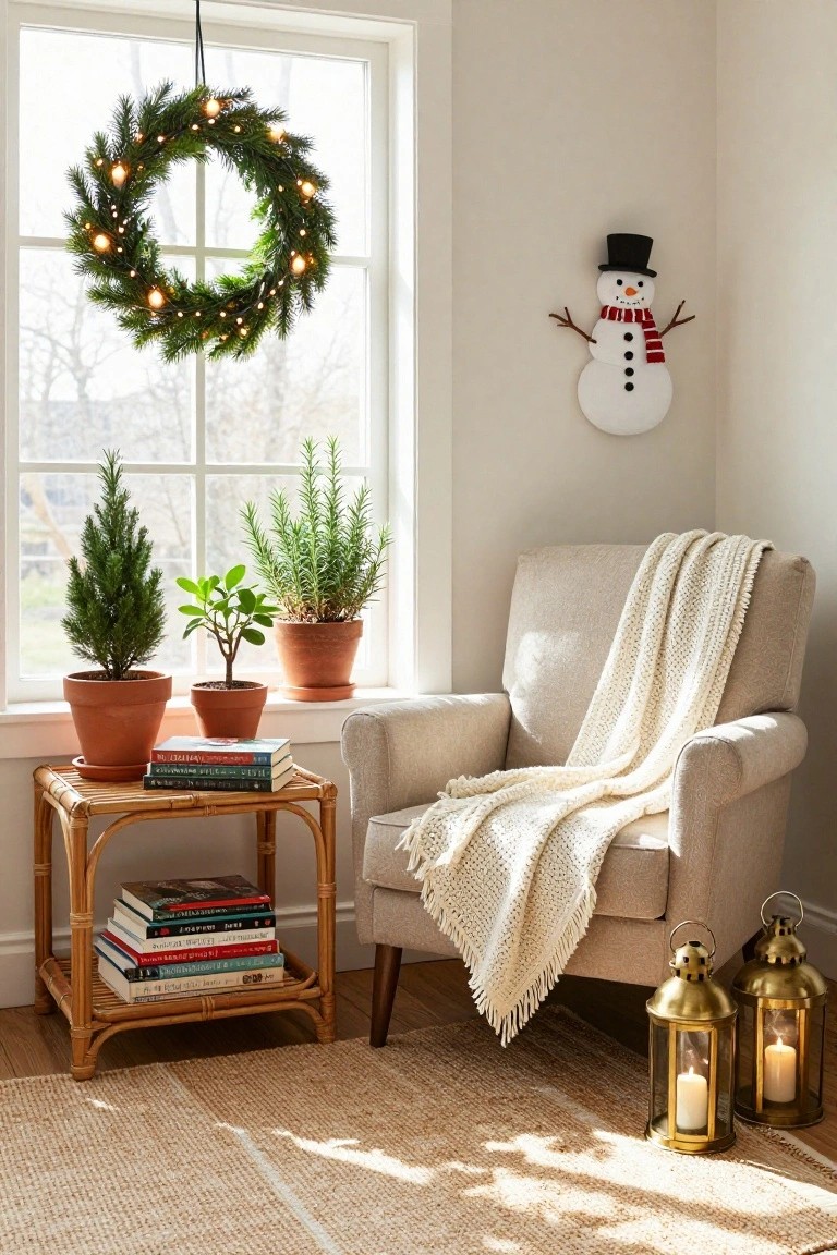 Beige armchair with white knit throw beside a window with lighted evergreen wreath hanging inside, potted plants on sill, wooden snowman plaque on wall, stack of books on rattan side table, brass lanterns on seagrass rug in corner room.