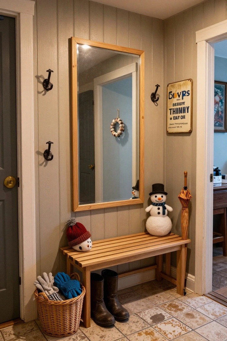 Indoor entryway with beige wood-paneled walls, tall wood-framed mirror, wooden slat bench holding plush snowman with red hat, standing snowman with top hat and umbrella nearby, coat hooks, seashell wreath on mirror, boots on floor, basket of gloves and mittens, and tiled floor.