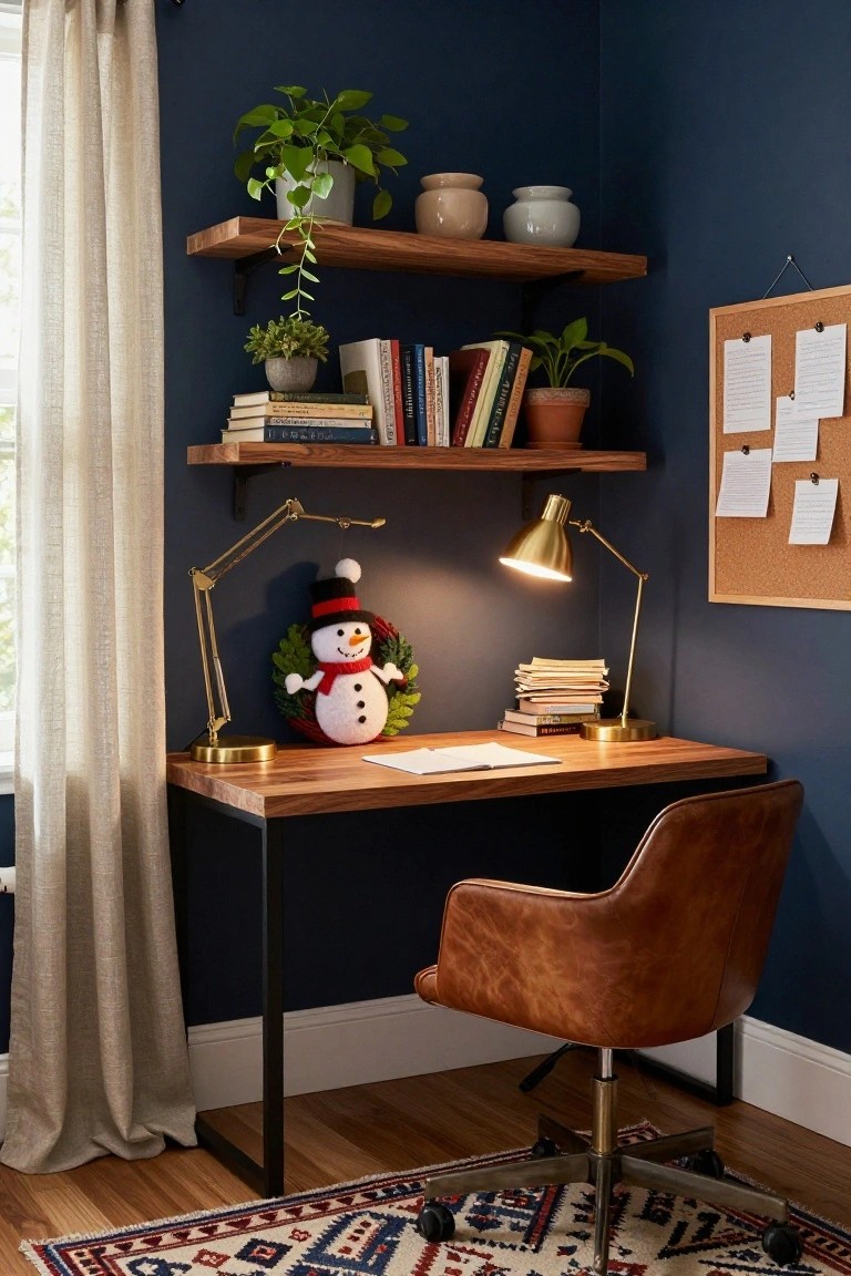 Home office corner with navy walls, wooden desk topped with gold adjustable lamp, stack of papers and books, plush white snowman with black hat red scarf and green wreath, tan leather desk chair, floating wooden shelves holding plants books and vases, corkboard, sheer curtain, and patterned rug.