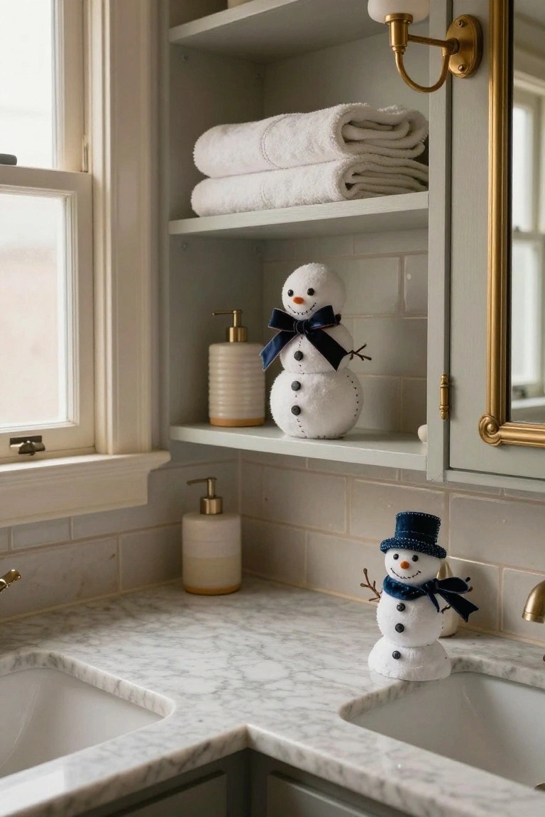 Bathroom corner showing open sage green shelving with stacked white towels, beige soap dispensers, and two white felt snowman figures with navy bow ties and hats; a third snowman on the marble countertop near the double sink, brass faucet, and gold mirror.