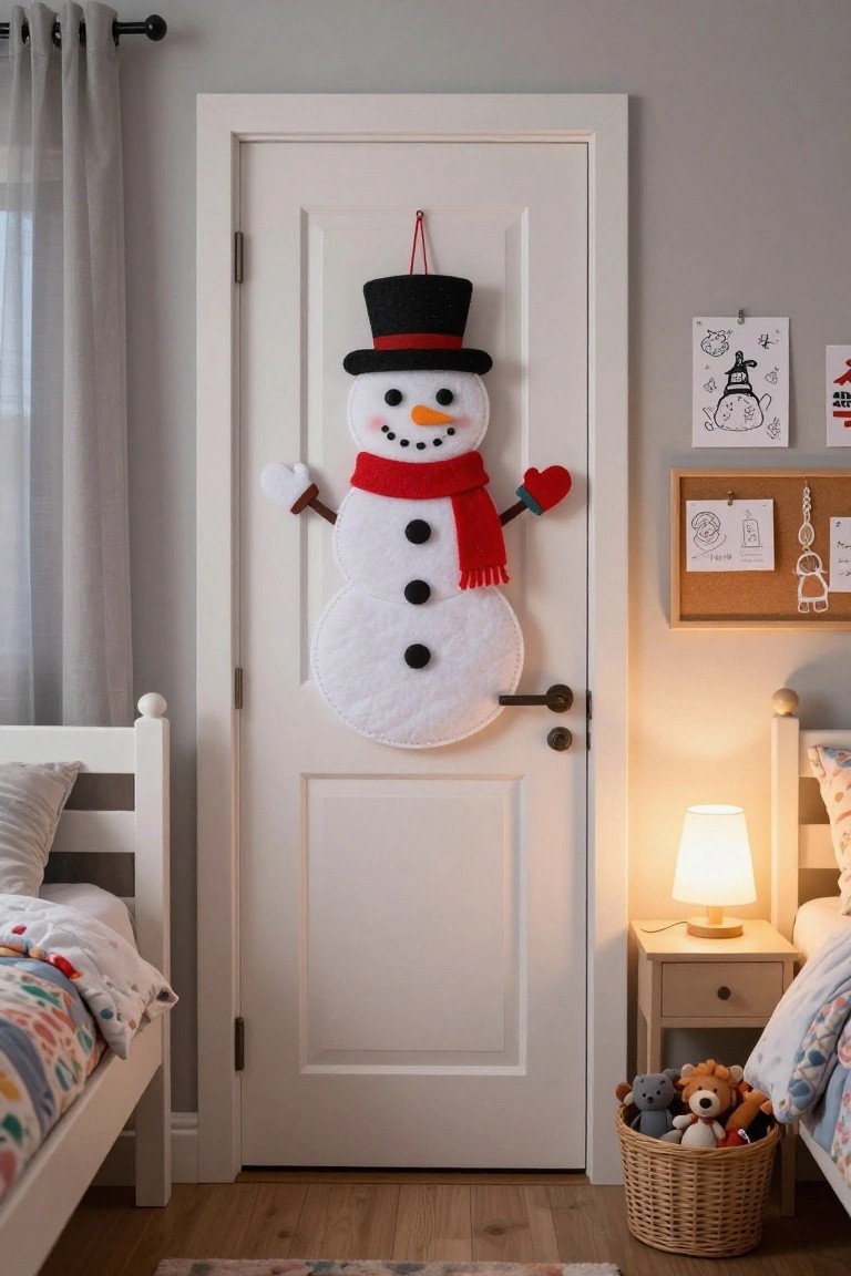 A large white felt snowman decoration with black top hat, red scarf, orange carrot nose, and broom hangs over the top of a white interior bedroom door next to white twin beds, a basket of stuffed animals, bulletin board, and lamp in a light gray room.