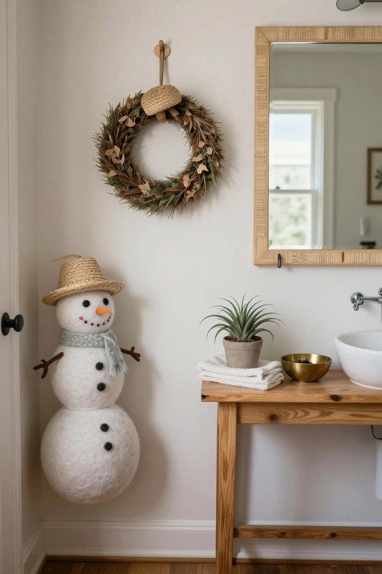 White wool snowman figure with straw hat and blue scarf hanging on bathroom wall next to wooden vanity, white sink, potted plant, folded towels, brass bowl, bamboo mirror, and wheat wreath.
