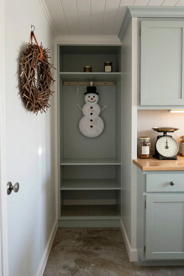 Open tall sage green cabinet in a kitchen with a white plush snowman hanging inside on a hook, brown twig wreath with orange ribbon on the white wall beside it, and wooden kitchen counter with scale and glass jars to the right.