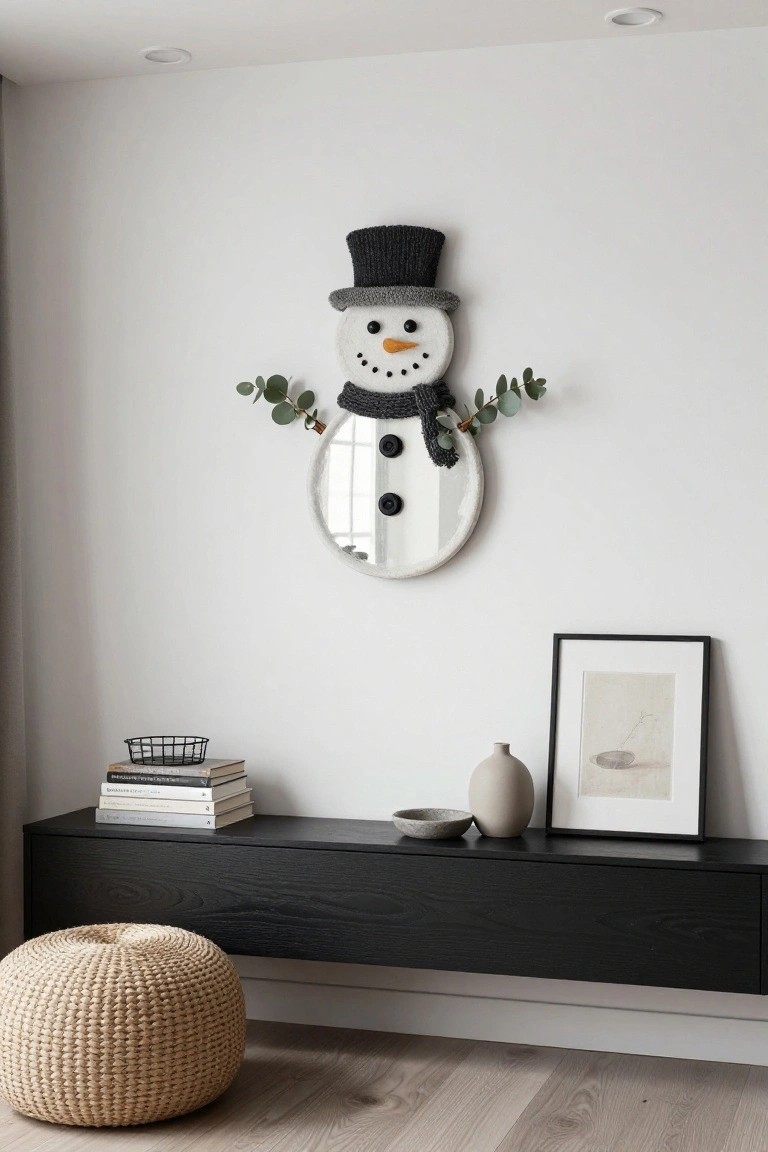 White snowman-shaped mirror wreath with black knit hat and scarf plus green eucalyptus branches hangs on a plain white wall above a black console table holding stacked books, a wire basket, beige vase, small bowl, and black-framed artwork, with a beige woven pouf on light wood flooring nearby.