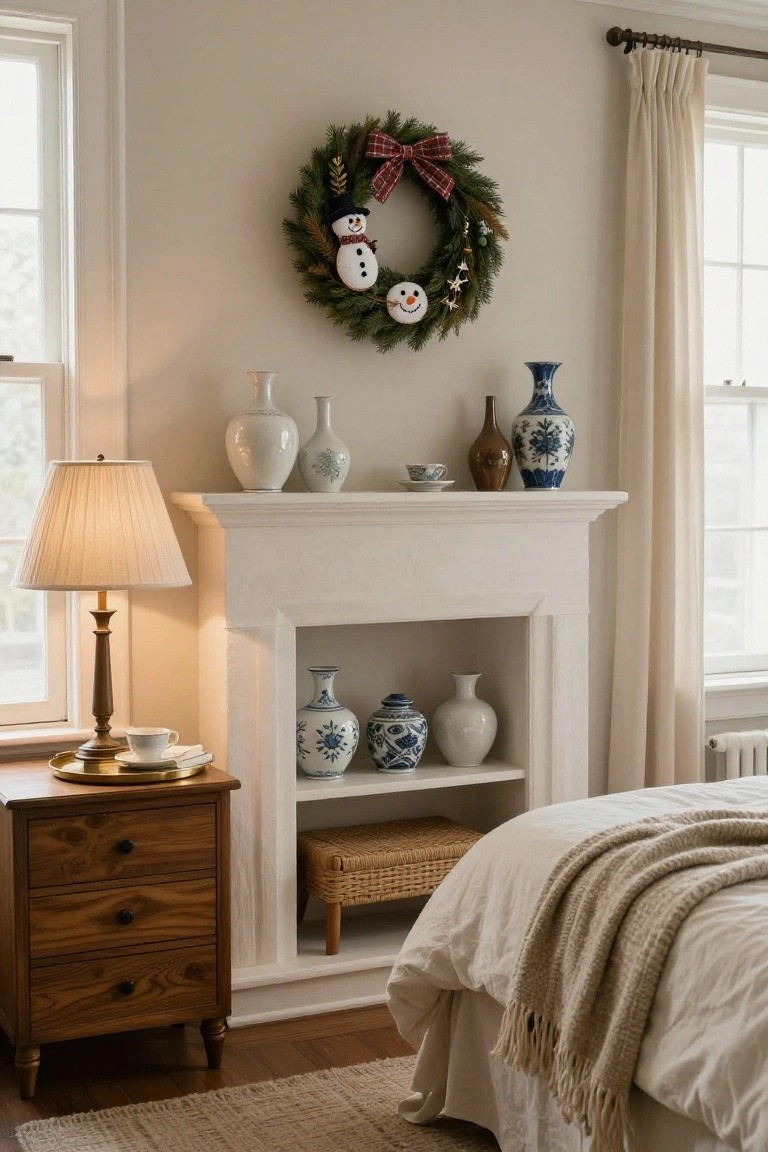 Bedroom corner with a snowman Christmas wreath on the wall above a white fireplace mantel holding blue and white vases, next to a wood nightstand, brass lamp, teacup, and bed with beige linens and throw.