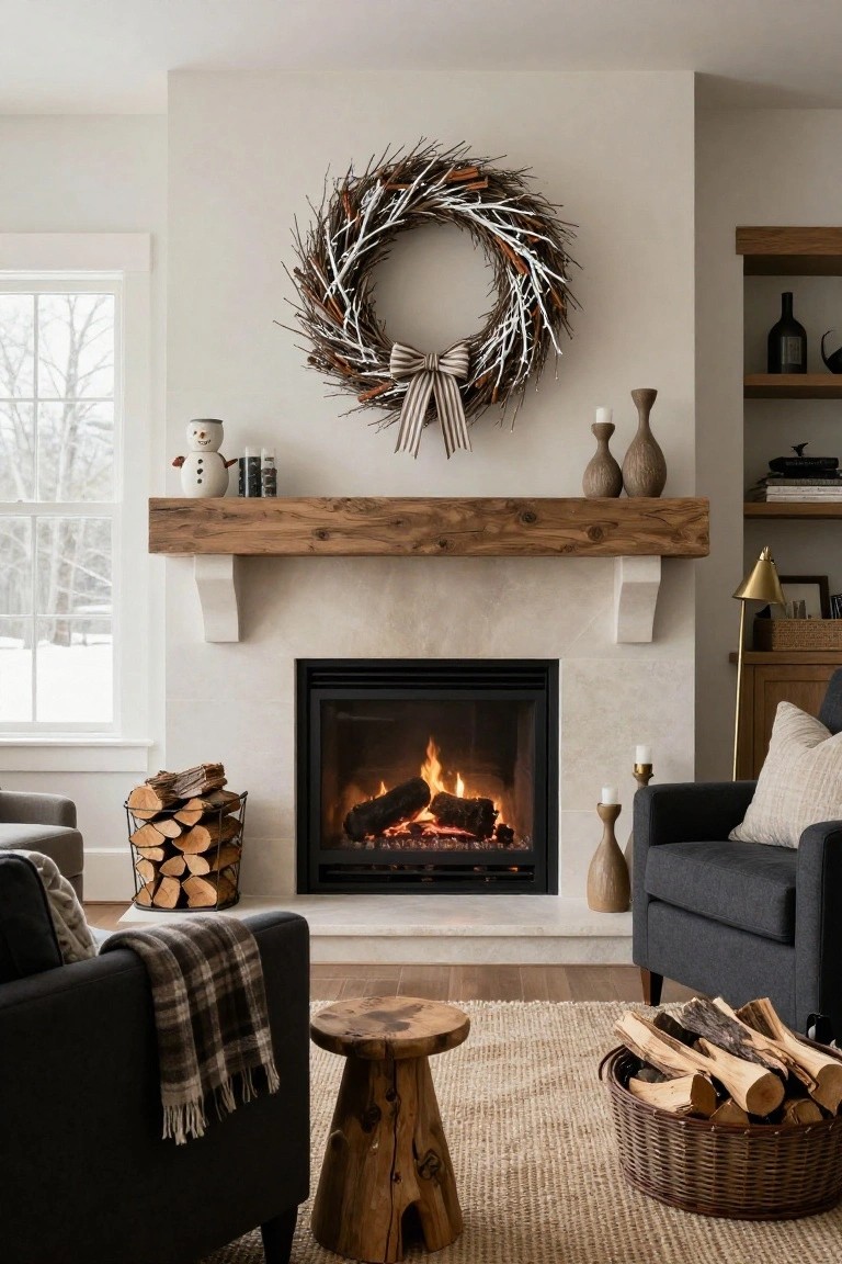 Cozy living room featuring a large rustic twig wreath with snowman design and striped bow above a lit gas fireplace on a wood mantel, snowman figurine on the mantel shelf, armchairs with throws, firewood baskets, and winter window view.