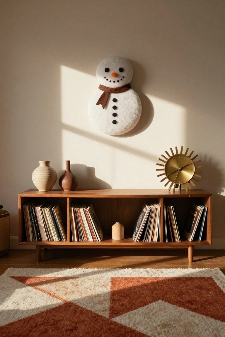 Plush white snowman wall hanging with black eyes, orange carrot nose, red bow tie scarf, and black buttons on a beige wall above wooden bookshelf with books, records, vases, and gold sunburst clock on terracotta rug in sunlit room
