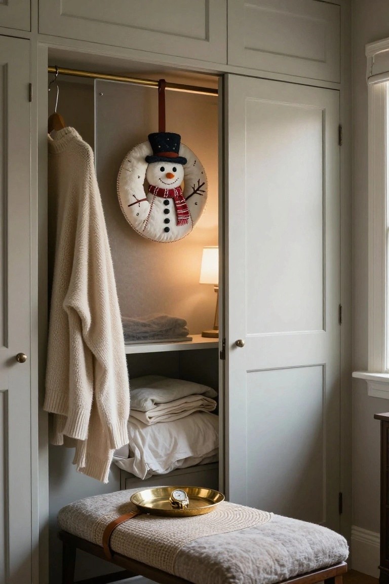 Open gray wardrobe doors revealing a fabric snowman wreath hanging from the interior rail, beige sweaters on hangers, folded white linens on shelves, a small lamp, and a bench with a gold tray in front.