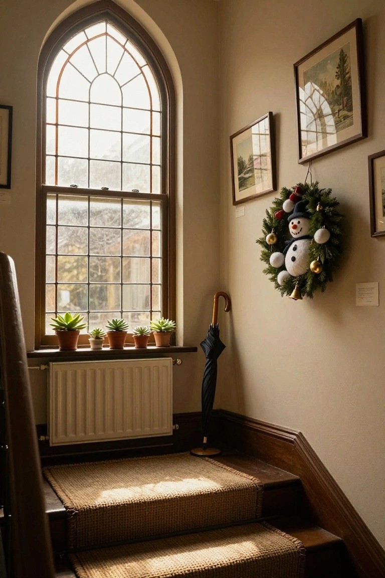 Interior corner with gothic arched window showing fall trees outside, four potted succulents on wooden sill above radiator, snowman Christmas wreath on beige wall, black umbrella on floor, wooden stairs with seagrass runner.