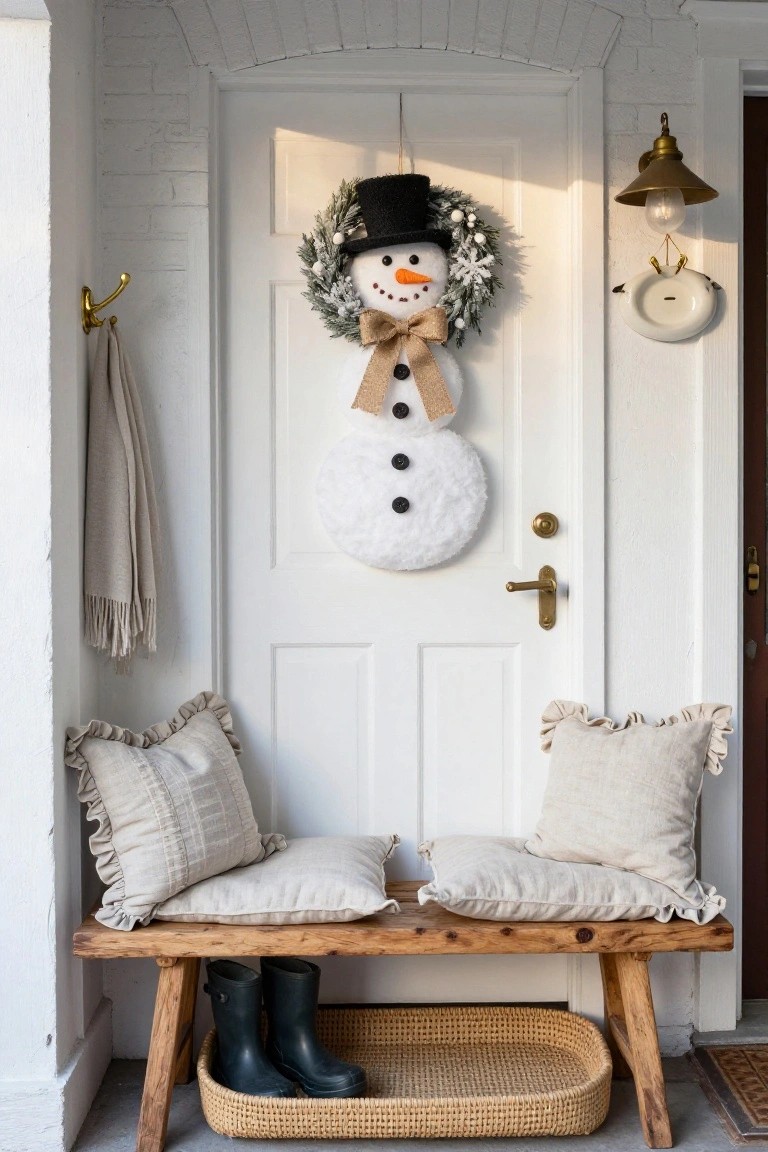 White front door on brick porch with large fabric snowman wreath, wooden bench with beige pillows, hanging scarf, rubber boots in basket, and brass light fixture.