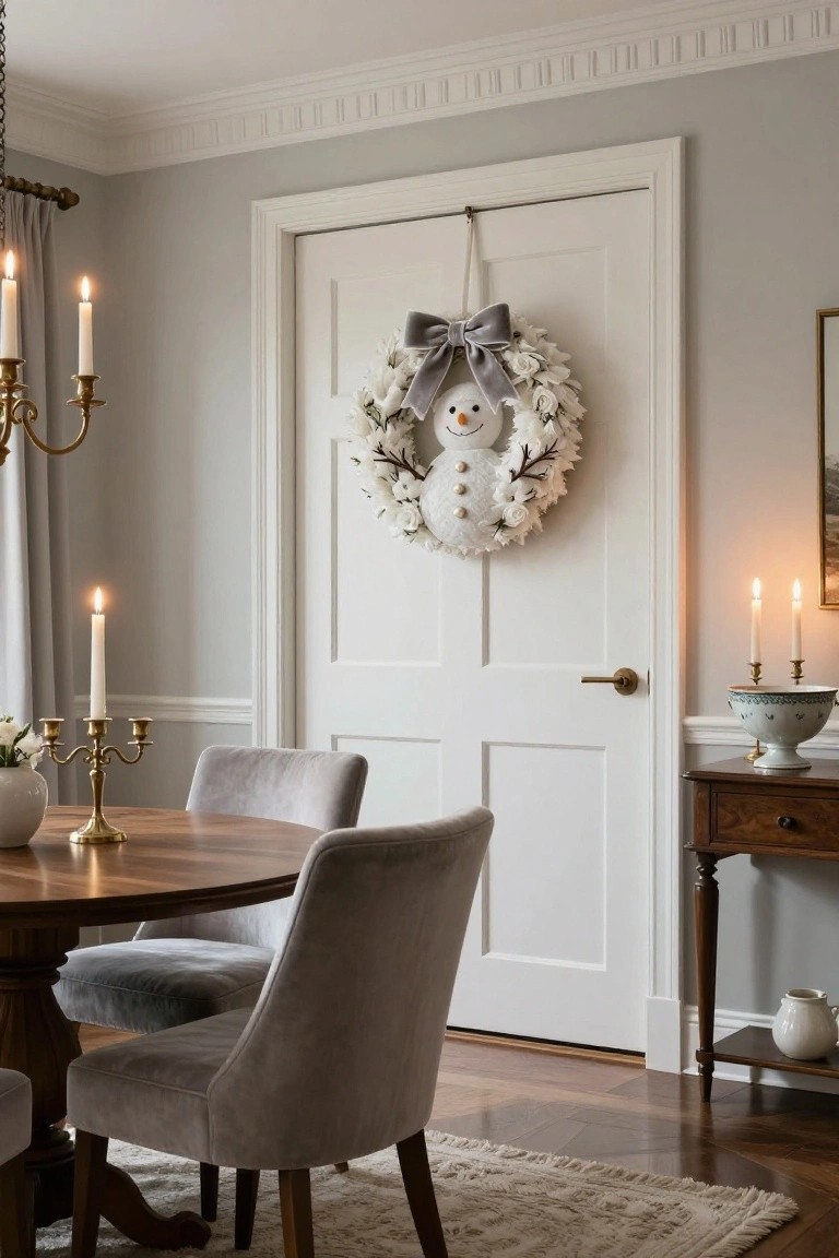 White paneled door with a fabric snowman wreath featuring white flowers and gray bow, in a gray dining room with round wood table, gray velvet chairs, brass candelabras with lit candles, and sideboard.