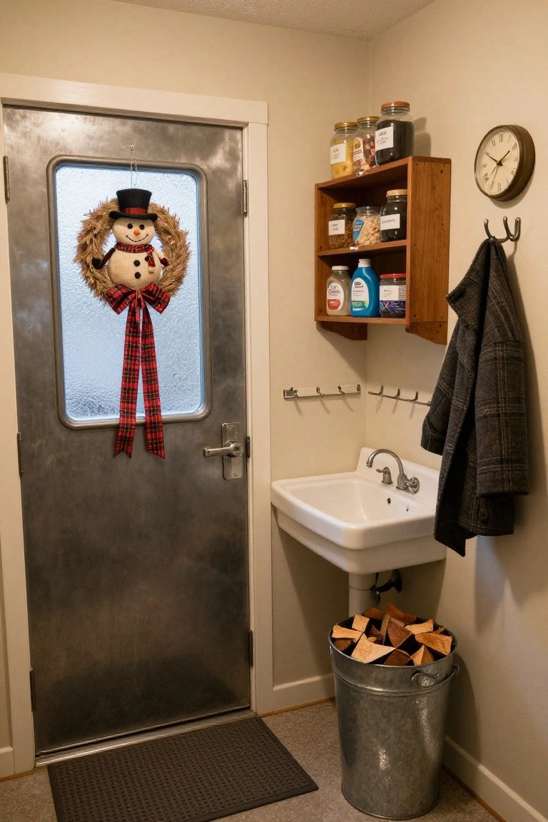 Beige interior mudroom with galvanized metal door decorated by snowman wreath, wooden shelves holding jars and bottles, white pedestal sink, hanging gray coat, wall clock, and galvanized bucket of firewood.