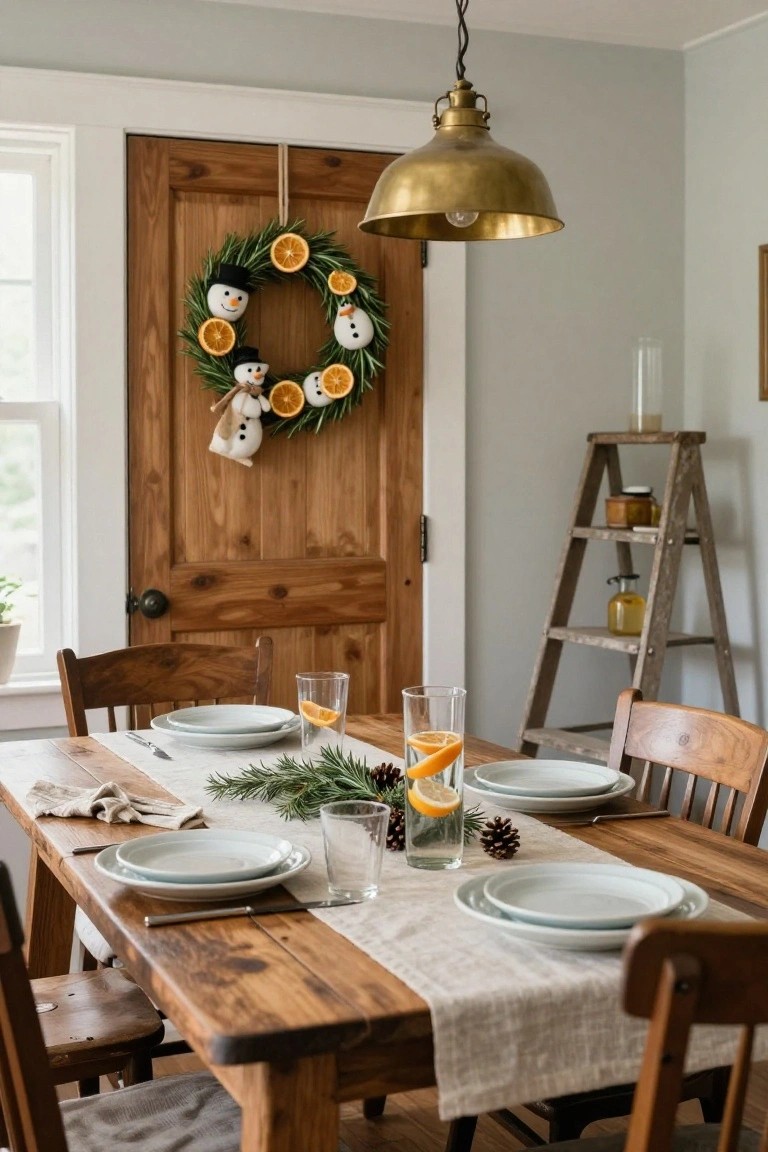 Interior dining room with wooden table set for a meal using white plates, glasses with orange slices, linen runner, pine branches, and pinecones; snowman wreath with orange slices on wooden door; brass pendant light overhead and wooden ladder shelf nearby.
