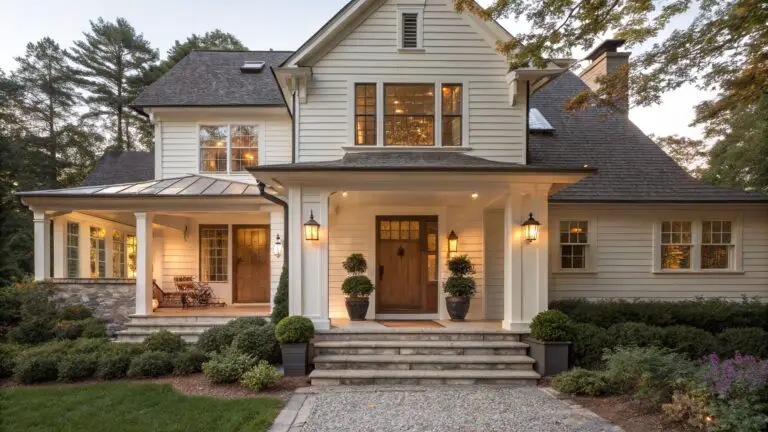 A two-story house with soft white clapboard siding, gabled roof, covered porch supported by white columns, arched wooden front door with sidelights, lanterns, stone steps, and front landscaping with lavender plants and pots.