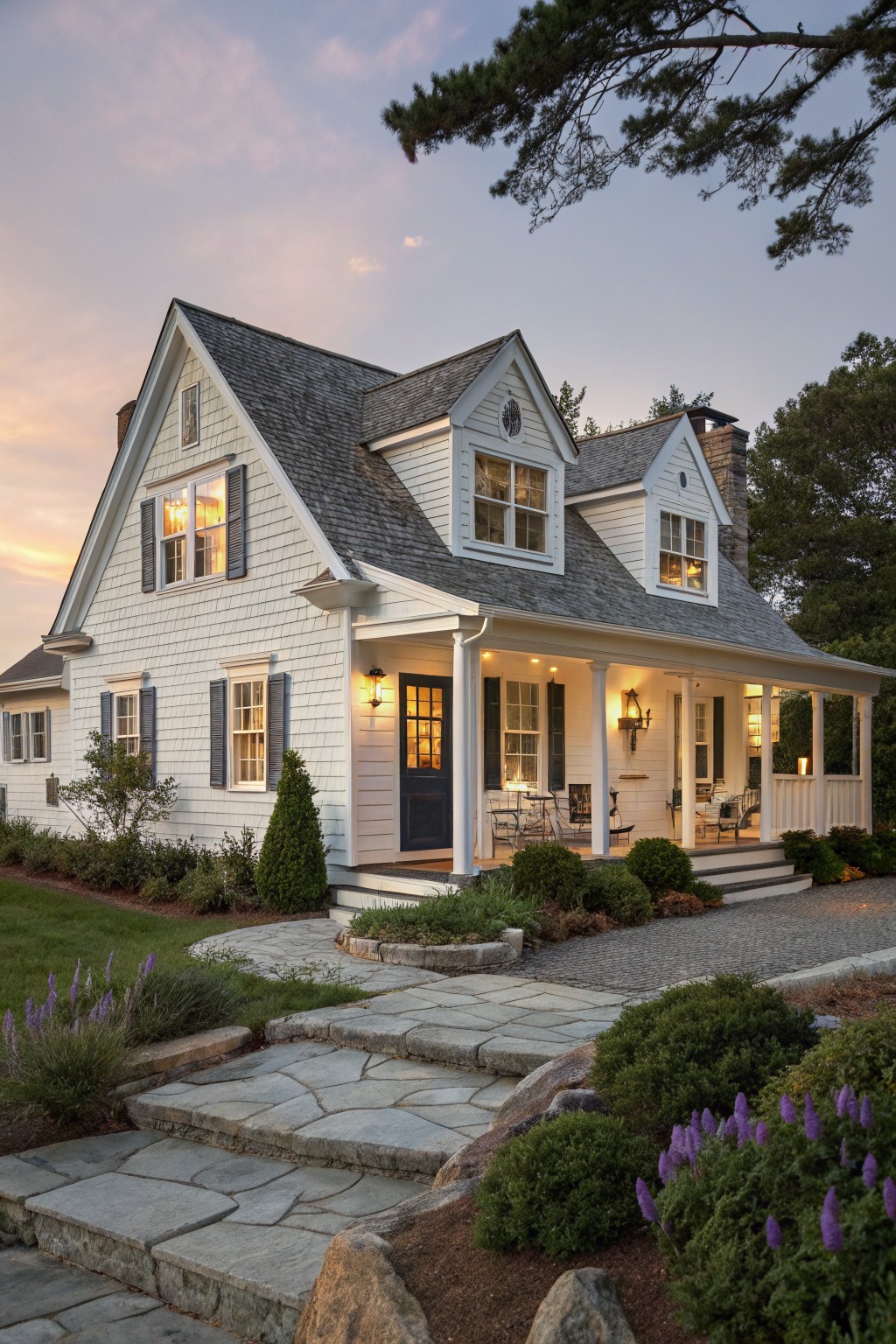White clapboard house with gabled roof, wraparound porch, dark blue front door, stone pathway, and landscaping including shrubs and lavender at dusk.