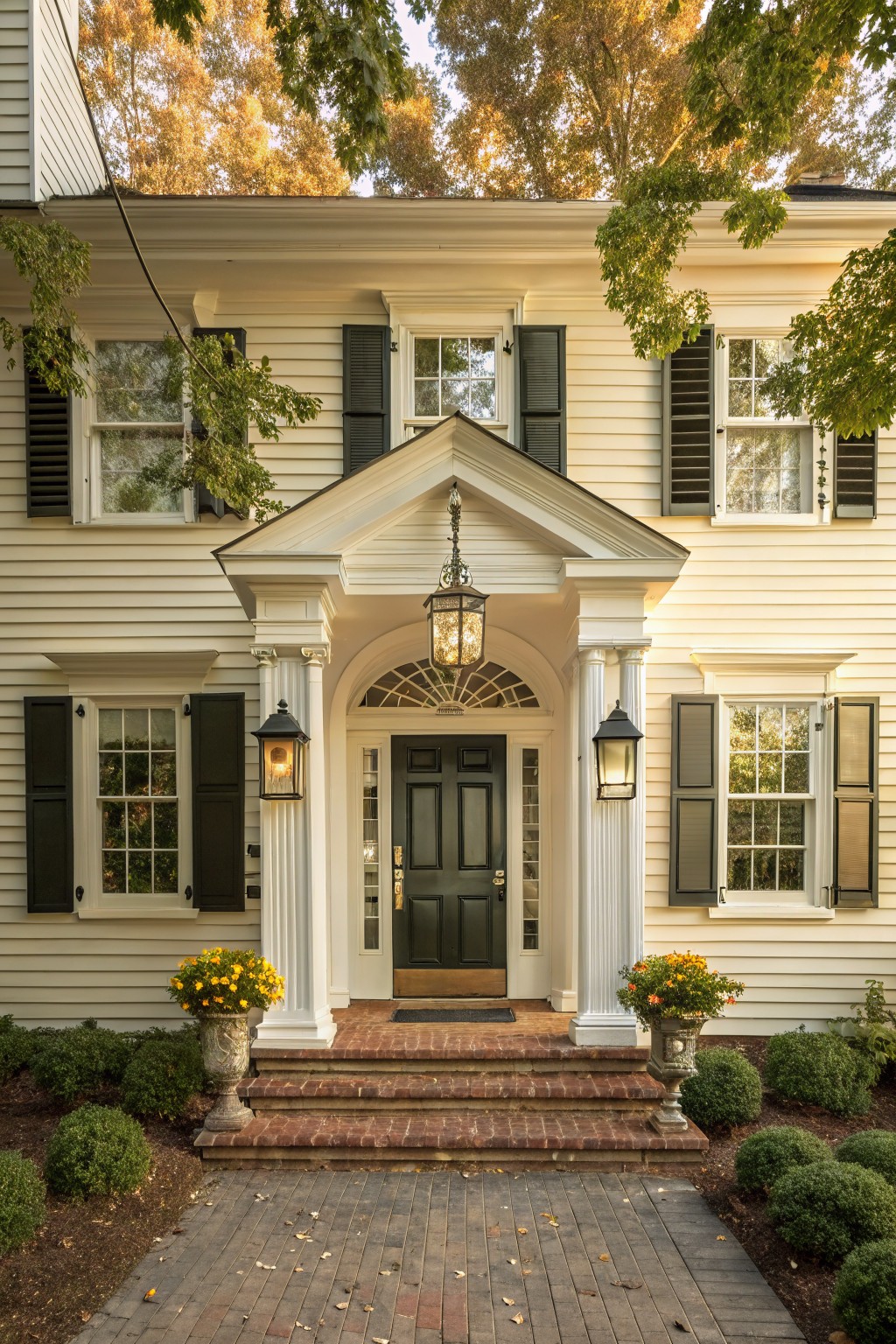 Front exterior of a two-story colonial-style house with soft off-white clapboard siding, black shutters on multi-pane windows, white portico with columns and lanterns flanking a dark green door with fanlight, brick steps with potted yellow flowers, brick walkway, shrubs, and autumn trees overhead.