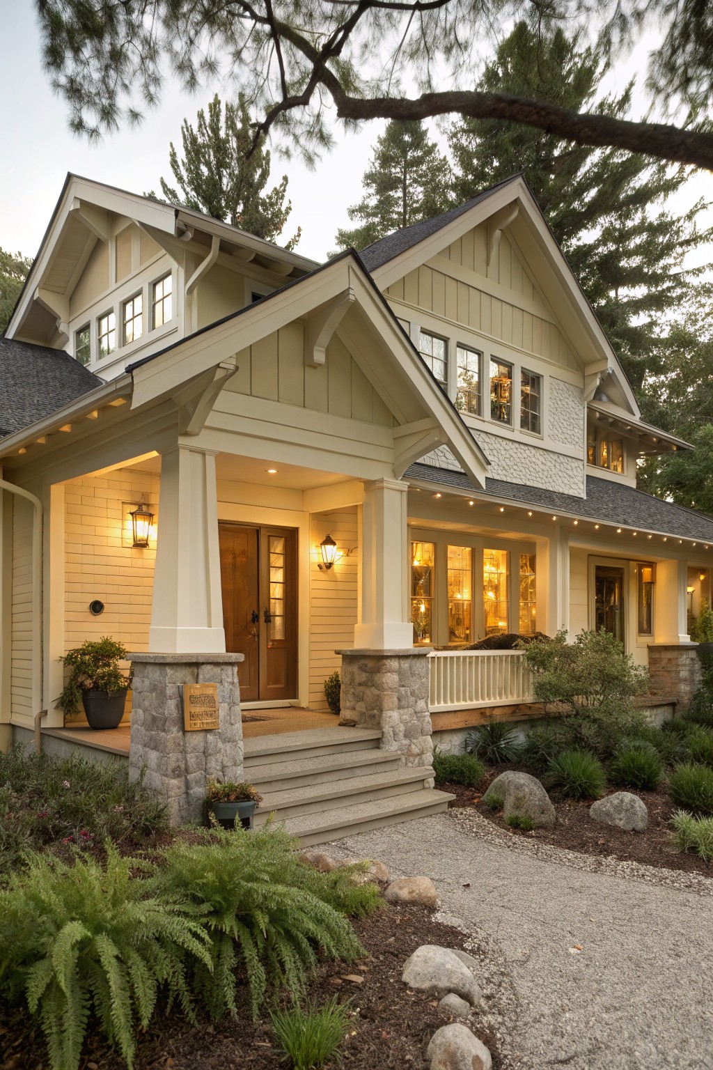A two-story Craftsman-style house with soft off-white board-and-batten siding, dark shingled gabled roof, covered front porch with tapered columns on stone bases, lanterns, and gravel path amid trees and plants.